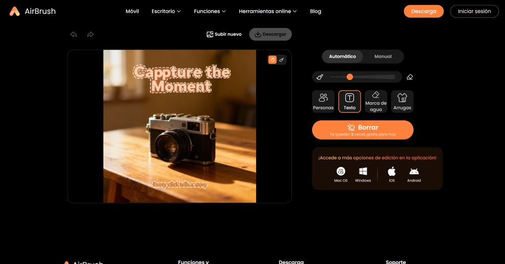 AirBrush Web Screenshot ES - remove text highlight the text