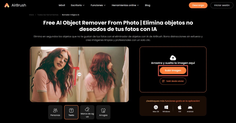 AirBrush Web Screenshot ES - remove text upload image