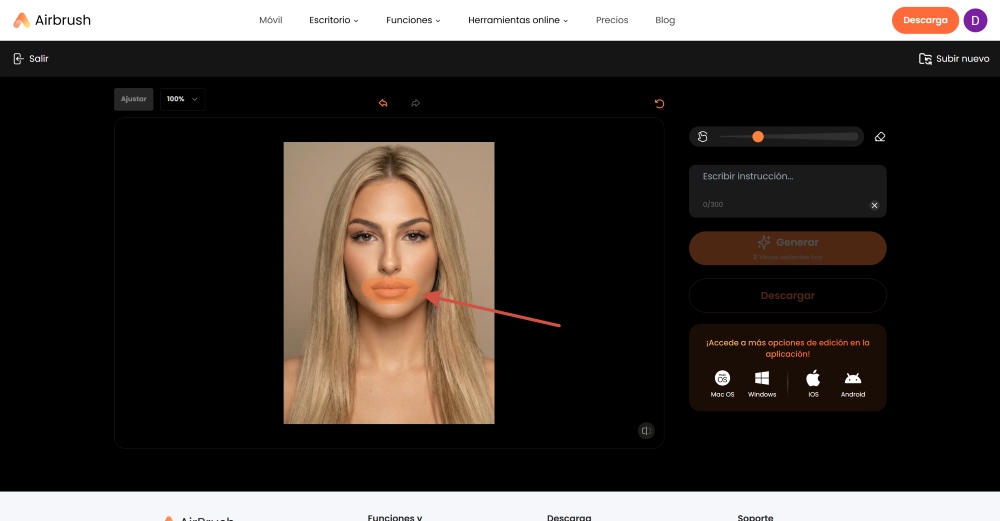 AirBrush Web Screenshot ES - add smile ai replacer brush over lips
