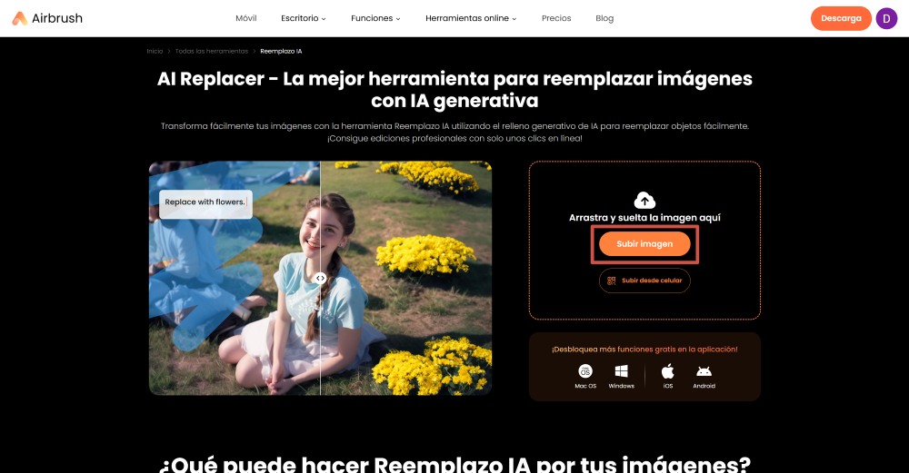 AirBrush Web Screenshot ES - add smile ai replacer upload image