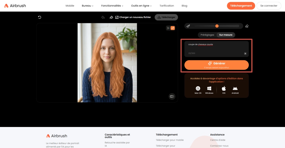 Airbrush Web Screenshot FR - change hairstyle prompt