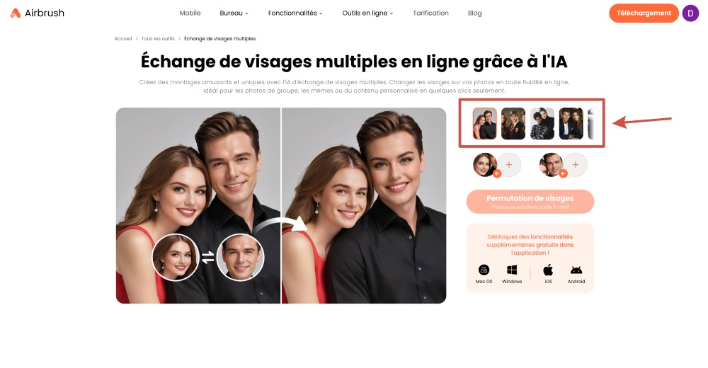 Airbrush Web Screenshot FR - multiple face swap choose template