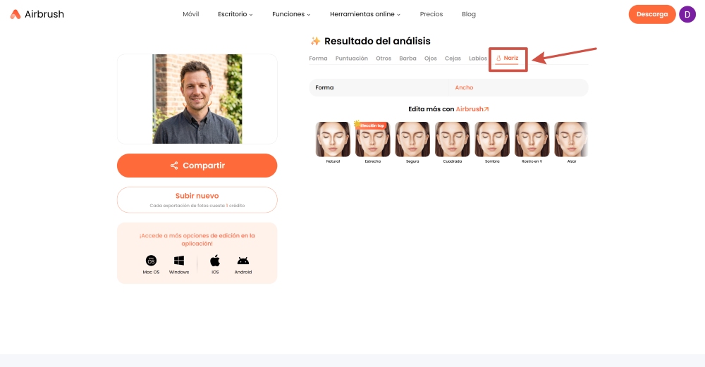 Airbrush Web Screenshot ES - nose shape face shape detector nose result