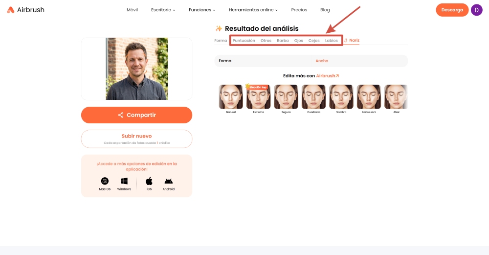 Airbrush Web Screenshot ES - nose shape face shape detector other