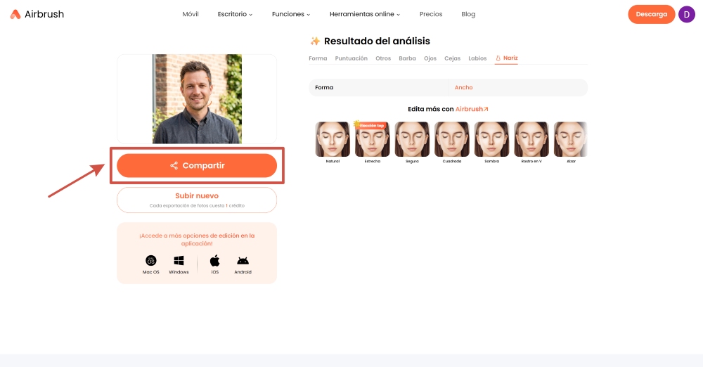 Airbrush Web Screenshot ES - nose shape face shape detector share