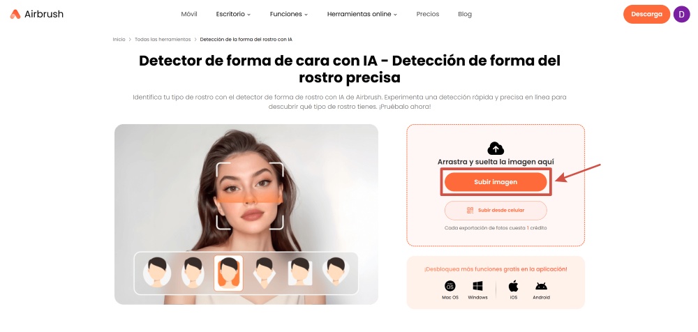 Airbrush Web Screenshot ES - nose shape face shape detector upload image