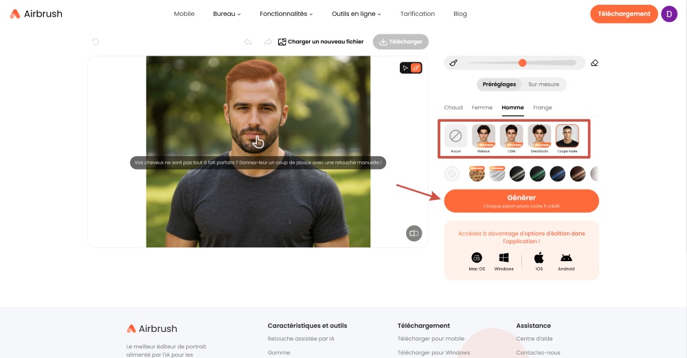 Airbrush Web Screenshot FR - bald filter choose hairstyle
