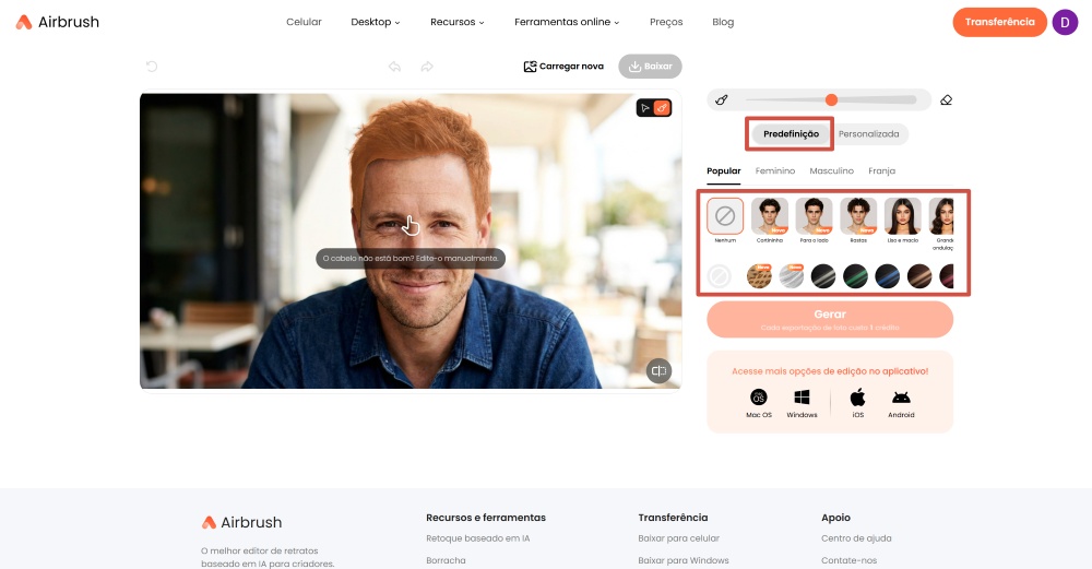 Airbrush Web Screenshot PT - men's haircut simulator presets