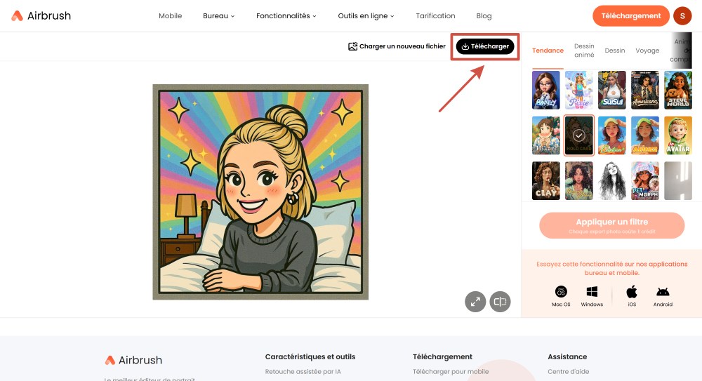 Airbrush Web Screenshot FR - create avatar ai filter download the result