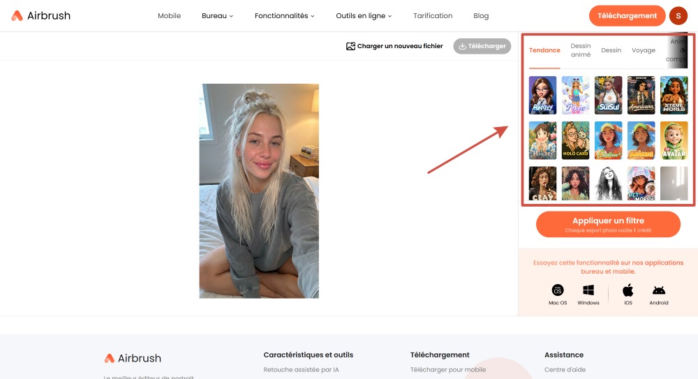 Airbrush Web Screenshot FR - create avatar ai filter options