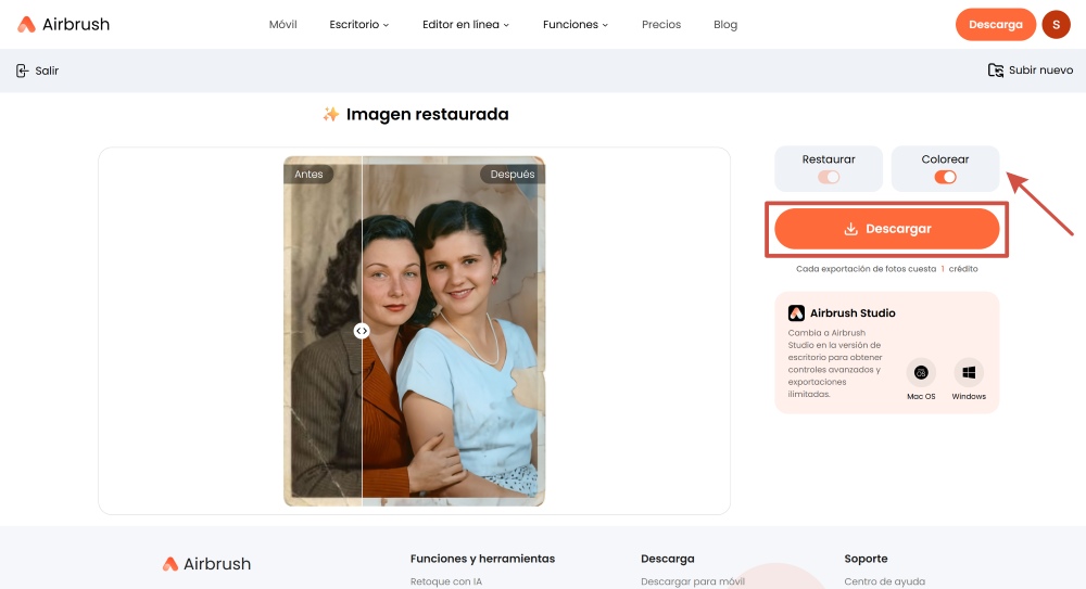 Airbrush Web Screenshot ES - restore the photo download the result
