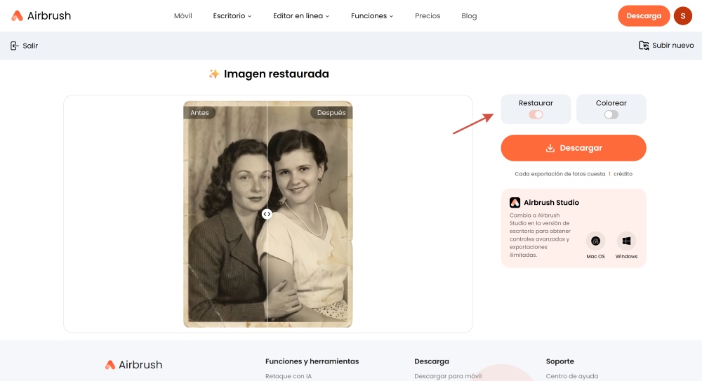 Airbrush Web Screenshot ES - restore the photo restore and colorize
