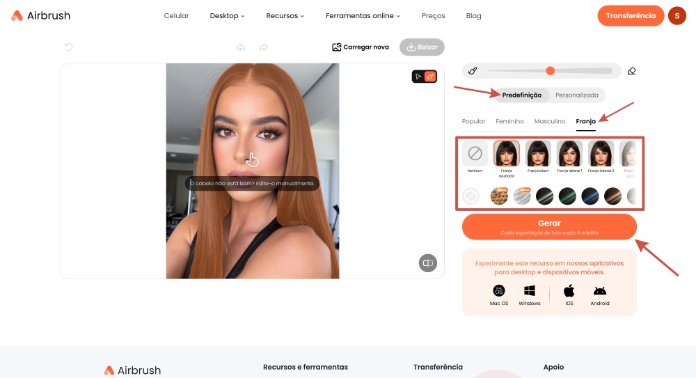 Airbrush Web Screenshot PT - add bangs to the photo bangs options