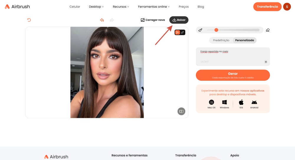 Airbrush Web Screenshot PT - add bangs to the photo custom result