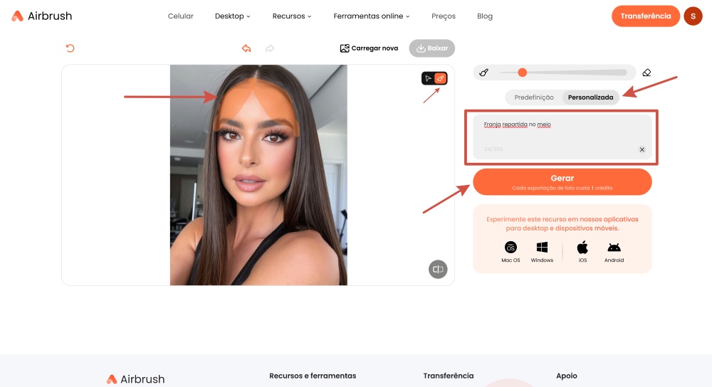 Airbrush Web Screenshot PT - add bangs to the photo custom