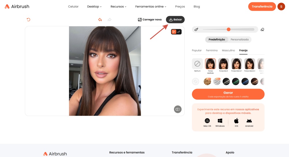 Airbrush Web Screenshot PT - add bangs to the photo download the result
