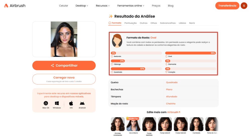 Airbrush Web Screenshot PT - face shape detector result oval face