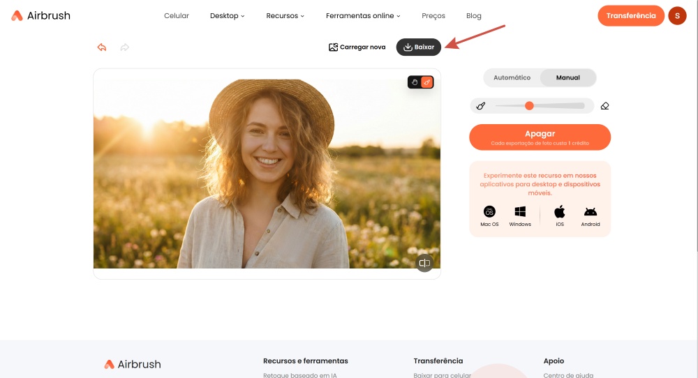 Airbrush Web Screenshot PT - remove light reflection manual download the result