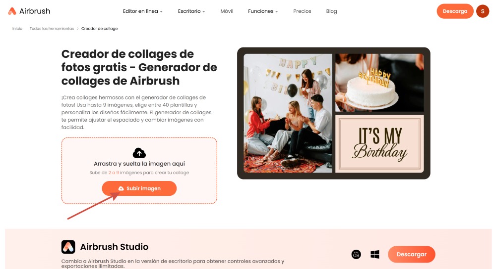 Airbrush Web Screenshot ES - collage maker main page