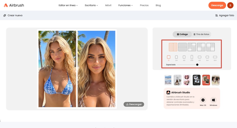Airbrush Web Screenshot ES - how to combine two photos choose the template